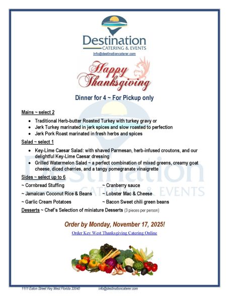 Thanksgiving dinner menu featuring turkey, sides, and desserts with ordering details.